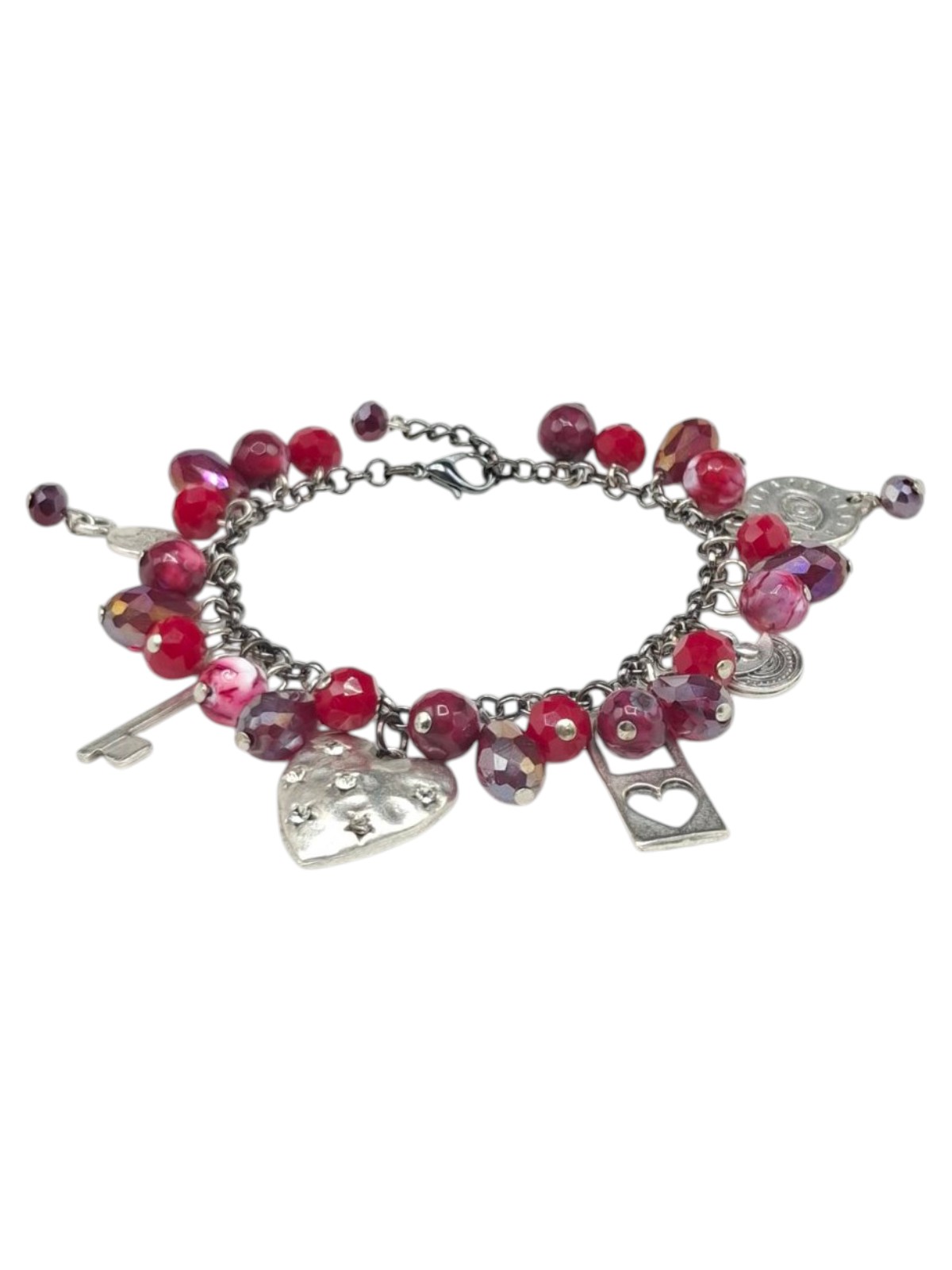 Crimson Heart & Talisman Bracelet – Red Agate, Crystal & Silver-Plated Charms - Image 2