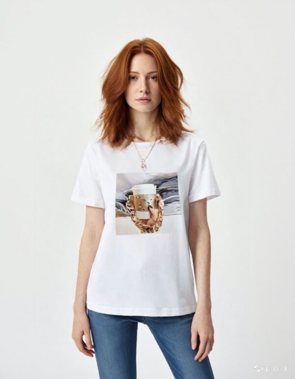 Jeweled T-shirt  with Cup Coffee Print and Beads