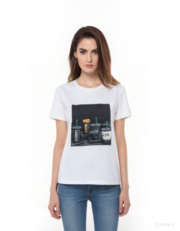 Jeweled T-shirt with Cup Coffee Print and Rhinestones