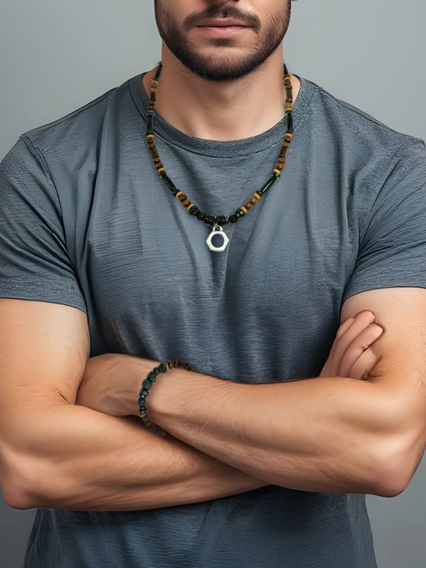 Necklace for Men with Coconut Beads Gemstones and Pendant