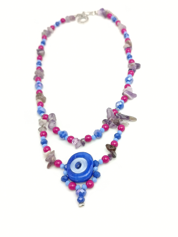 Necklace with Glass Beads Gemstones and Eye