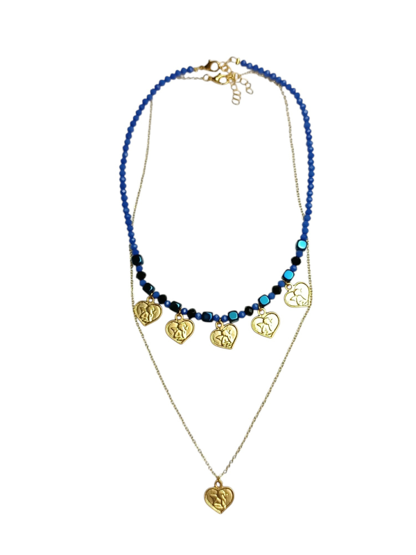 Pack of Two Necklaces with Glass Beads Chain and Heart Charms