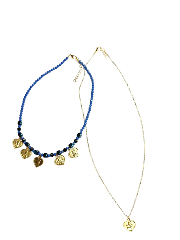 Pack of Two Necklaces with Glass Beads Chain and Heart Charms - Image 2