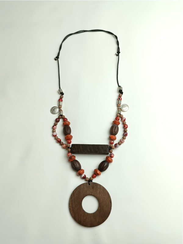 Necklace with Wooden Elements and Gemstones