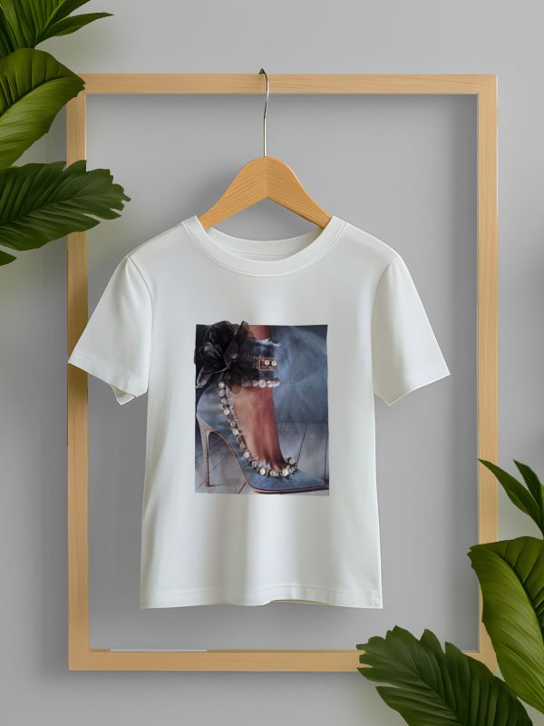 Jewled T-Shirt with Shoe Print Rhinestones Pearls and Flower - Image 2
