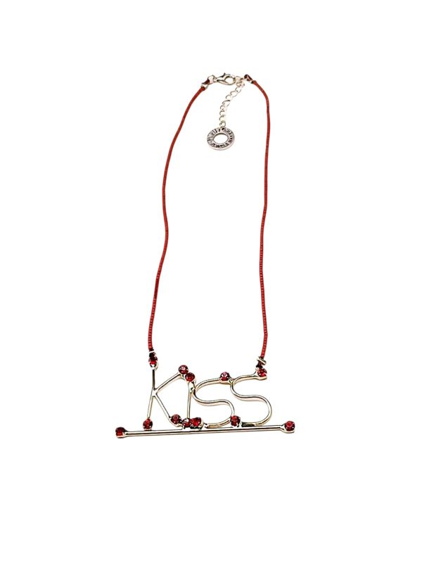 Handmade Necklace with "Kiss" Letters, Red Rhinestones, and Elegant Beads