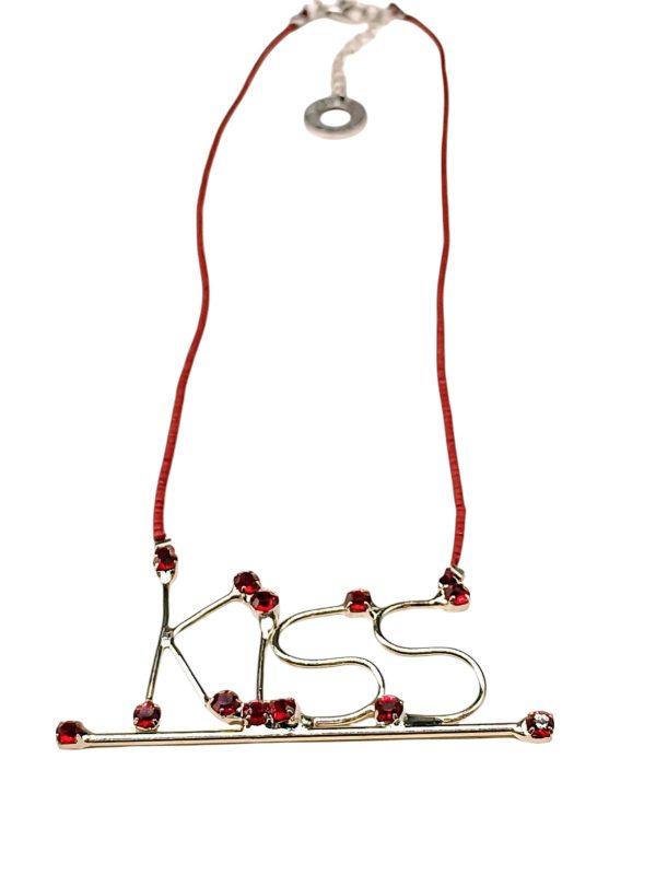 Handmade Necklace with "Kiss" Letters, Red Rhinestones, and Elegant Beads - Image 3