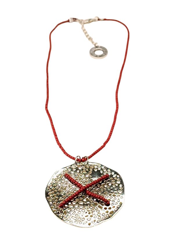A Necklace of Metal and Matte Red Beads - Image 3