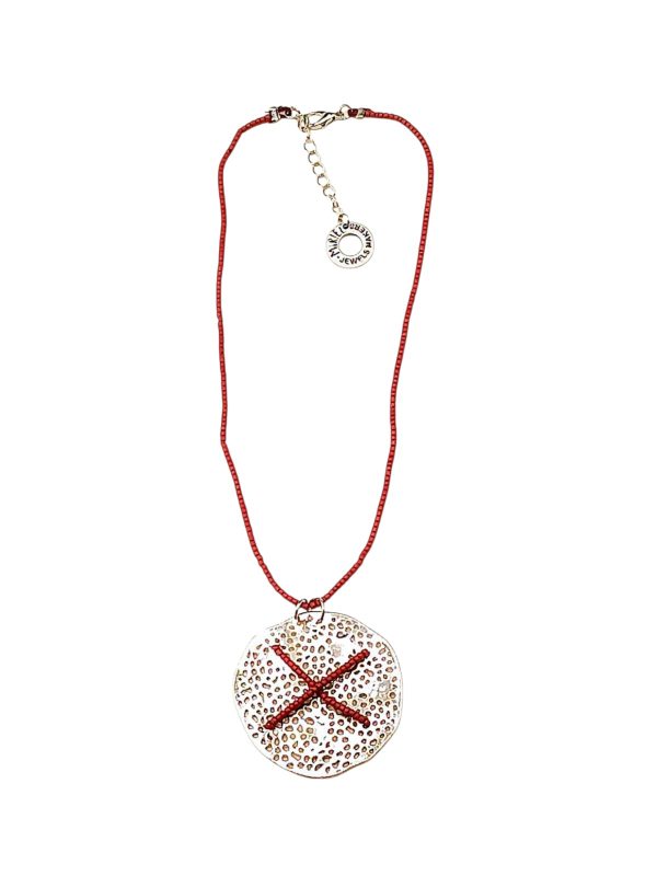 A Necklace of Metal and Matte Red Beads