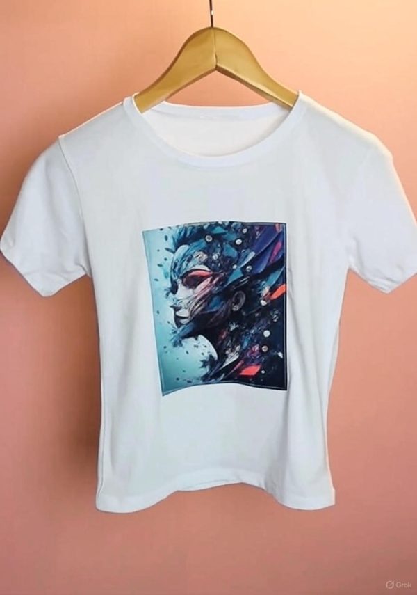 Jeweled T-Shirt with Multi Color Print Woman's Form and Rhinestones