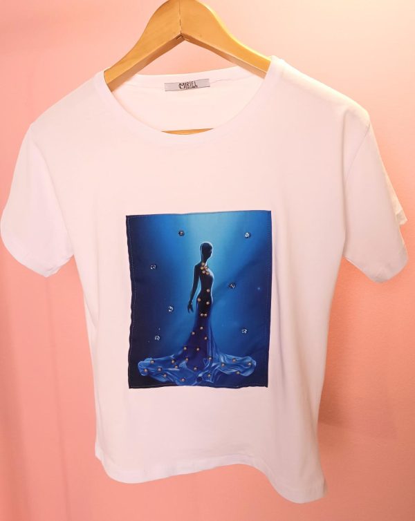 Jeweled T-Shirt with Print Woman's Form and Rhinestones
