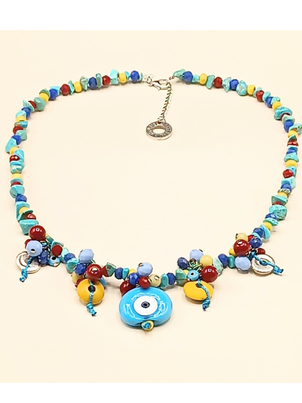 Handmade Eye Necklace with Wooden Beads and Gemstones
