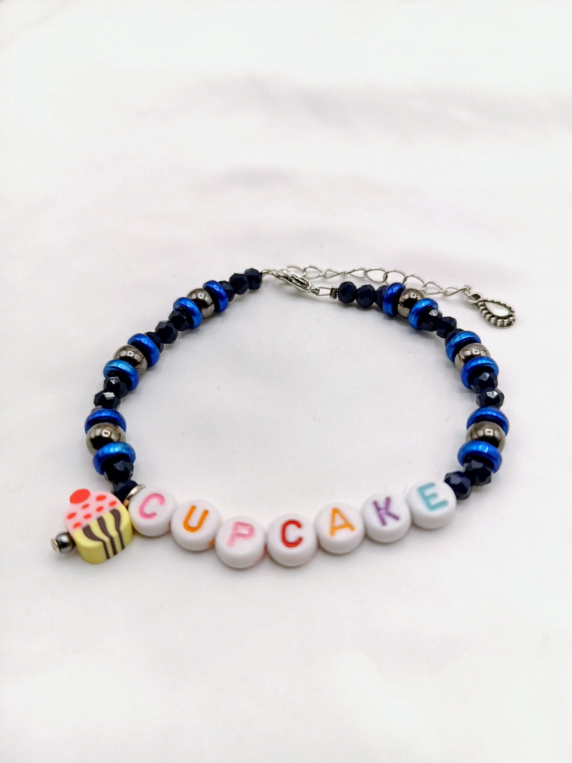 Letter “CUPCAKE” Beaded Bracelet with Handmade Polymer Cupcake Charm