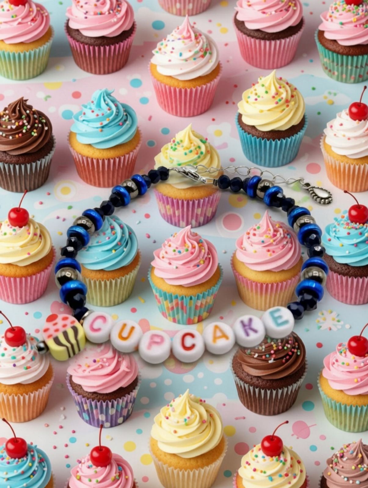 Letter “CUPCAKE” Beaded Bracelet with Handmade Polymer Cupcake Charm - Image 2