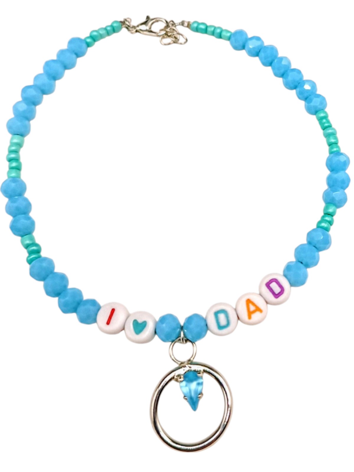 Personalized "I Love Dad" Dog & Cat Necklace - Blue Glass Beaded Pet Jewelry - Colorful Letter Beads with Heart Charm - Crystal Inset Metal Ring Pendant - Adjustable 25cm Custom Length