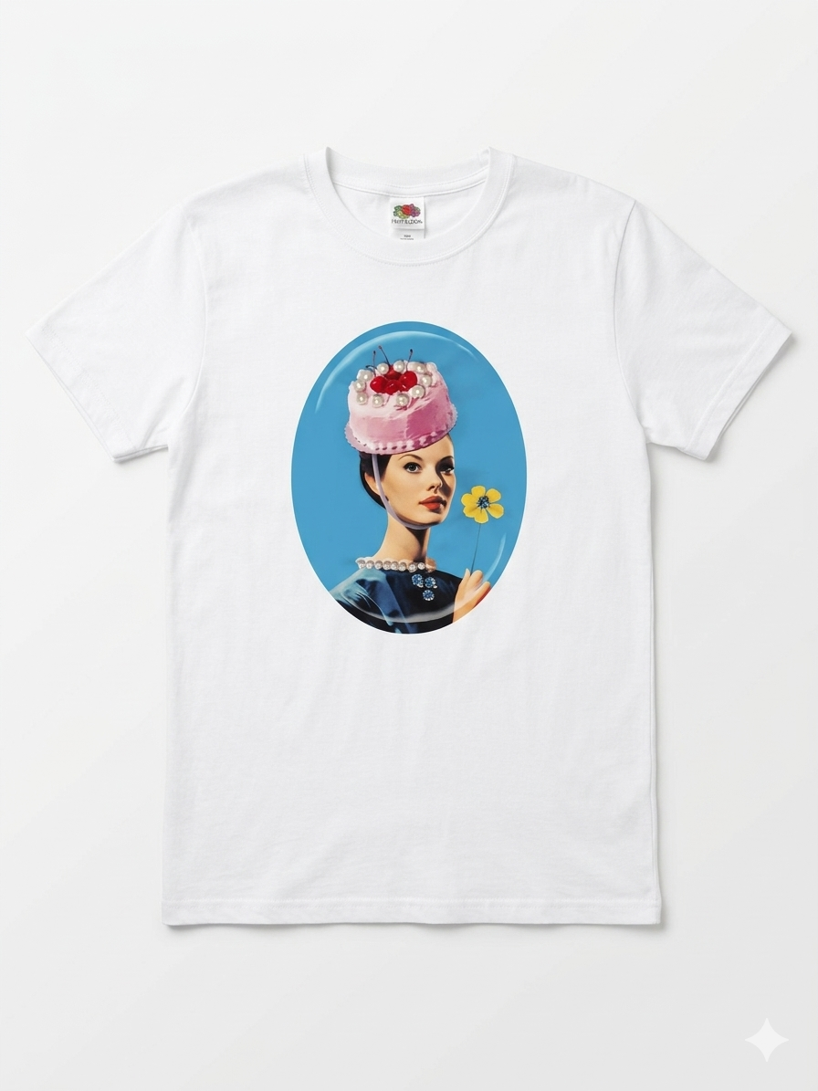 Fruit of the Loom Women's Jeweled T-Shirt – "Miss Cherry Cake Lady" Vintage Portrait with Pearls & Light Blue Rhinestones – Hand-Embellished Art Tee