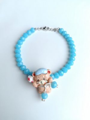 Kawaii Blue Beaded Bracelet with 3D Teddy Bear Acrylic Charm – Cute Jewelry for Teen Girls 12+
