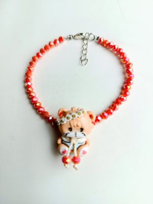 Kawaii Peach Beaded Bracelet with Glass Beads & Acrylic Teddy Bear Charm – Cute Jewelry for Teen Girls 12+