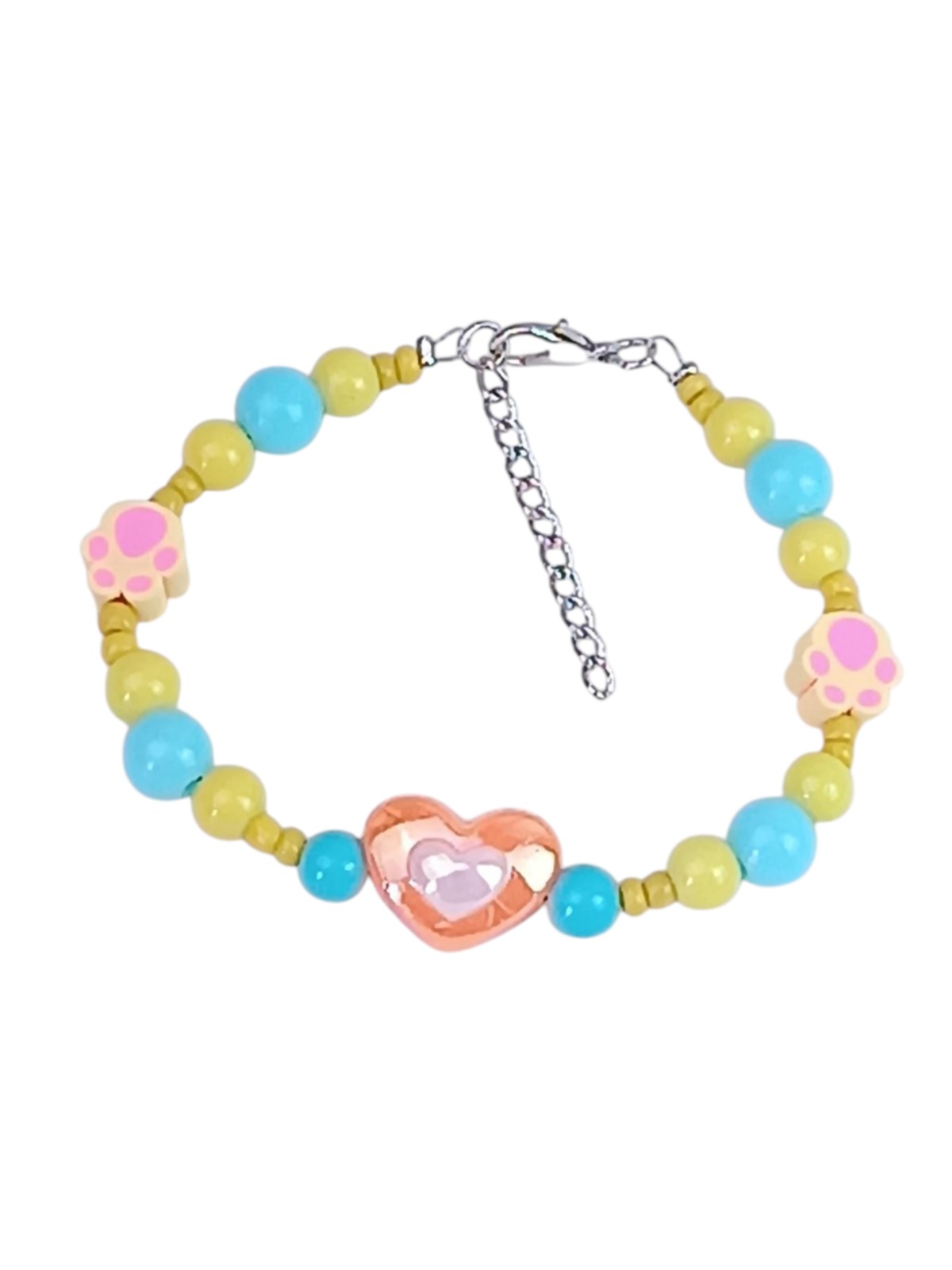 Kawaii Pastel Heart Beaded Bracelet for Girls 12+ - Blue & Yellow Beads - Cute Polymer Clay Paw Charms - Handmade Preppy Aesthetic Jewelry - Adjustable 15cm+ Extension Chain