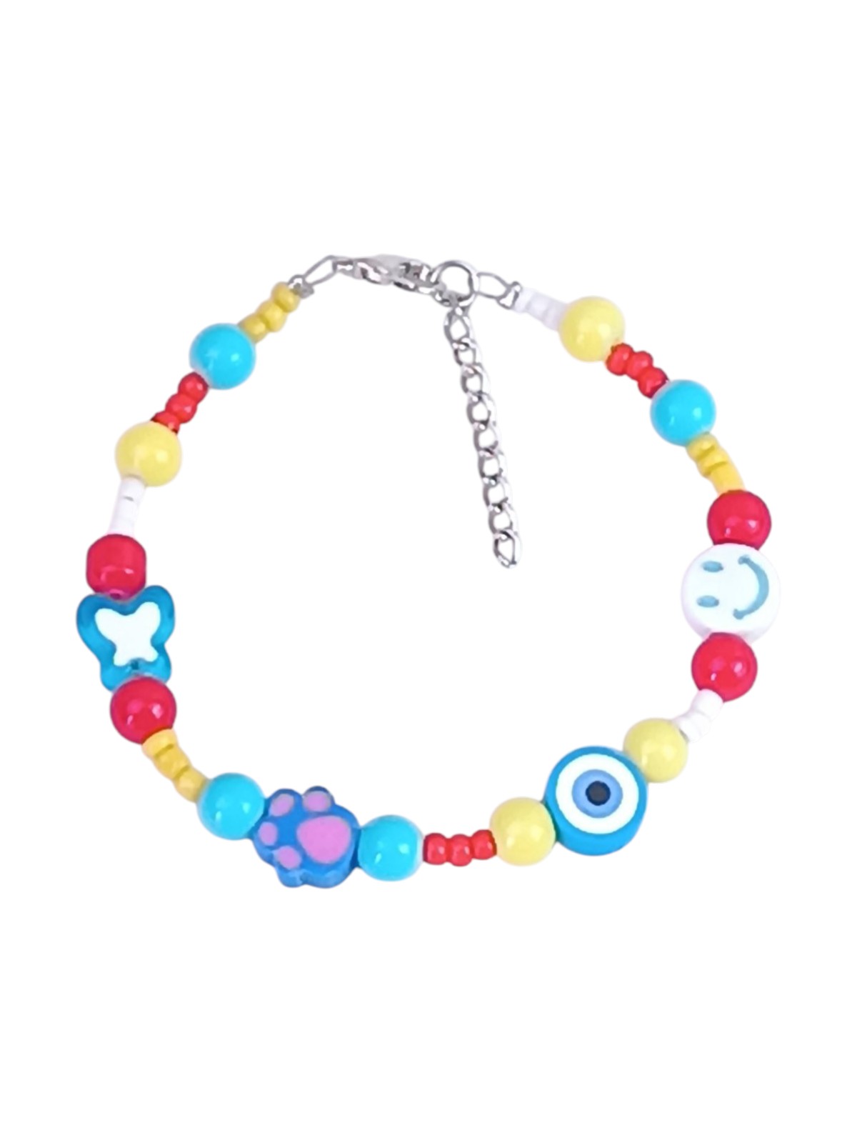 Kawaii Happy Vibes Beaded Bracelet for Girls 12+ - Smiley Face, Butterfly, Evil Eye & Paw Charms - Colorful Red, Blue & Yellow Glass Beads - Trendy Preppy Jewelry - Adjustable 15cm+ Extension