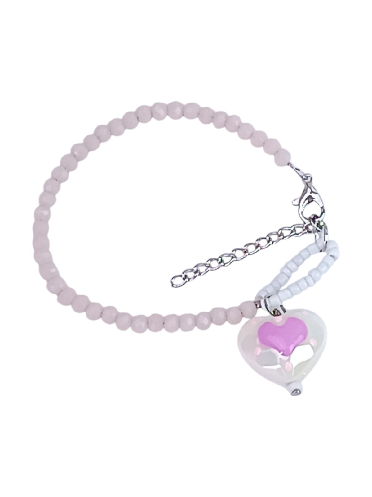 Kawaii Pink Heart Beaded Bracelet for Girls 12+ - Pastel Pink & White Glass Beads - Cute Double Heart Charm Jewelry - Minimalist Preppy Aesthetic - Adjustable 15cm+ Extension Chain