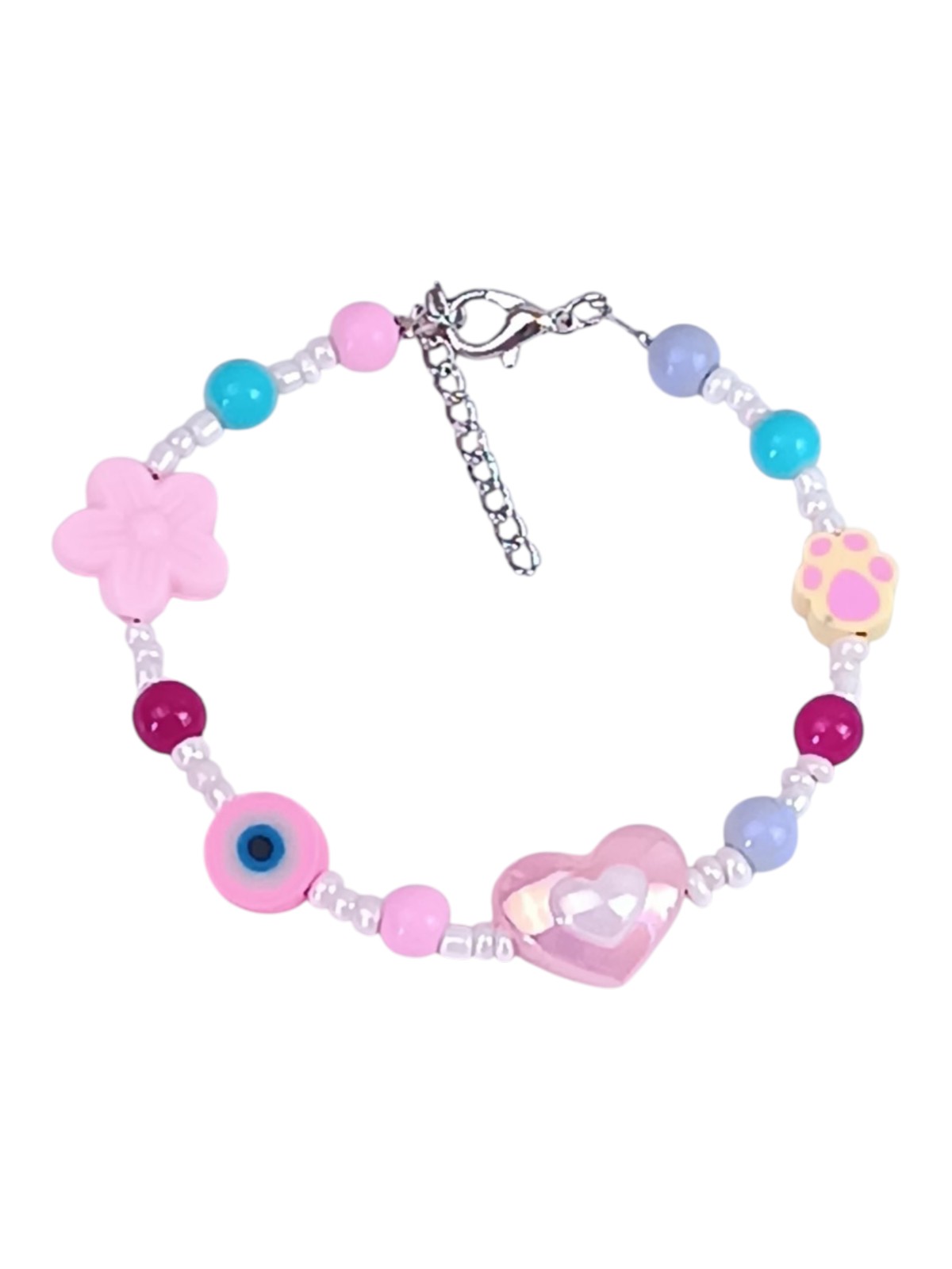 Kawaii Multi-Charm Beaded Bracelet for Girls 12+ - Pink Heart & Flower Charms - Evil Eye & Paw Print Protection Bracelet - Colorful Glass Beads - Preppy Aesthetic Gift - Adjustable 15cm+
