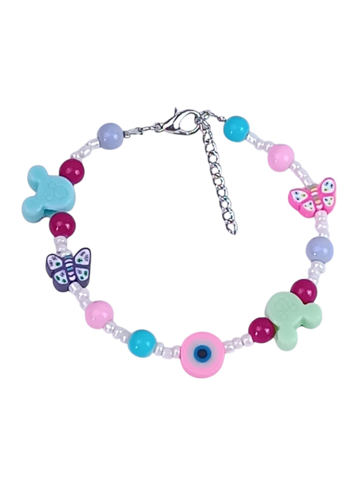 Kawaii Butterfly & Mouse Charm Bracelet for Girls 12+ - Colorful Glass Beads in Fuchsia, Pink & Blue - Evil Eye Protection Jewelry - Preppy Aesthetic Friendship Bracelet - Adjustable 15cm+