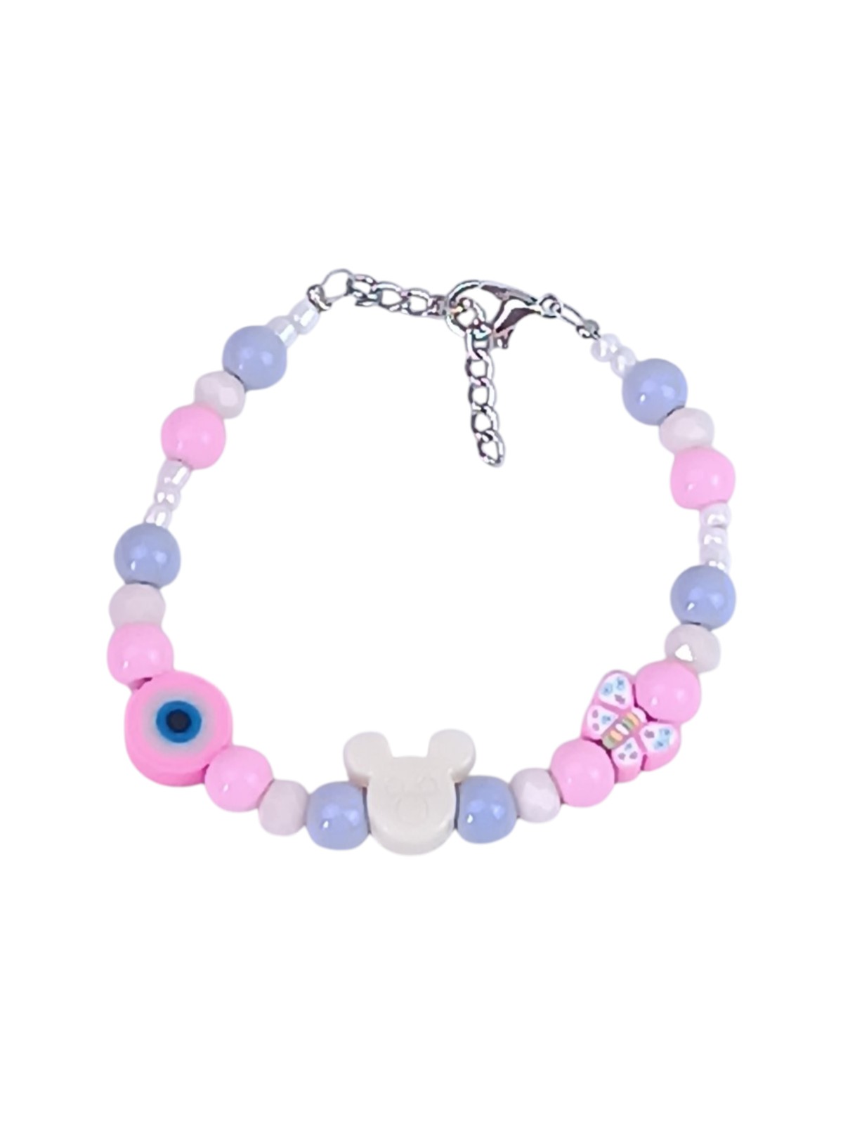 Kawaii Dreamy Pastel Beaded Bracelet for Girls 12+ - Pink, Lilac & White Glass Beads - Cute Mouse & Butterfly Charms - Evil Eye Protection Jewelry - Adjustable 15cm+ Extension