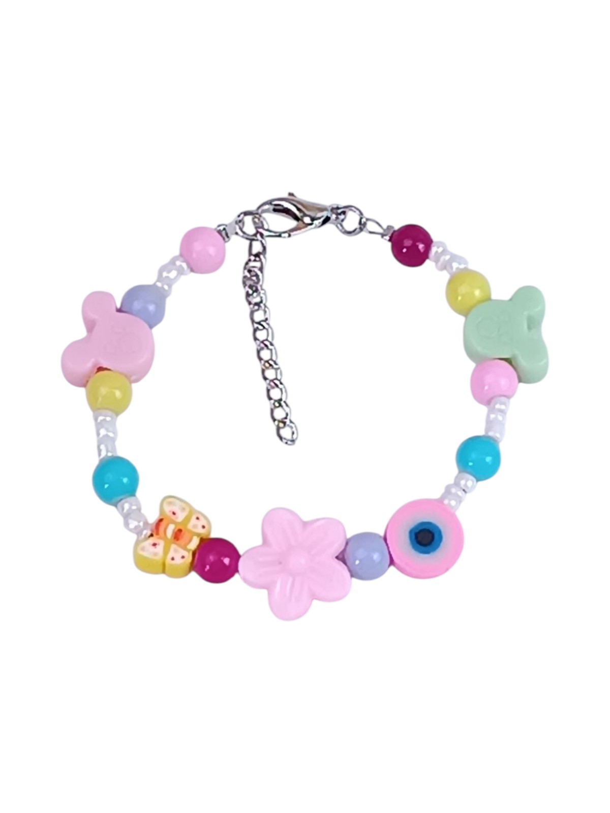 Kawaii Pastel Beaded Bracelet for Girls 12+ - Cute Mouse, Flower, Butterfly & Evil Eye Charms - Colorful Pink, Lilac & Yellow Glass Beads - Preppy Aesthetic Jewelry - Adjustable 15cm+ Extension