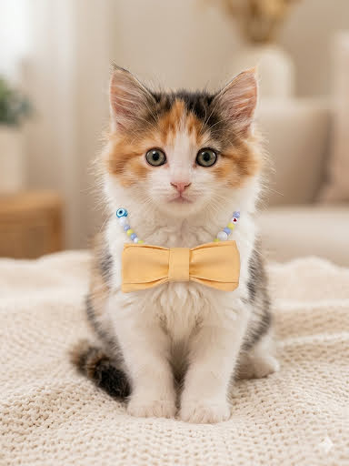 Handmade Kawaii Pet Necklace for Cats & Small Dogs - Detachable 9cm Yellow Fabric Bowtie - Lilac, Yellow & White Beaded Jewelry - Smile, Heart & Evil Eye Charms - Adjustable 35cm Length - Image 2