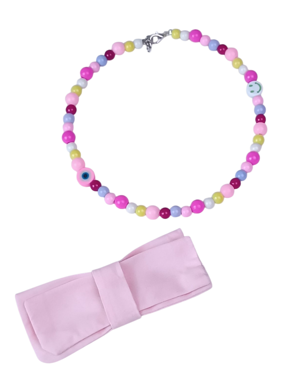 Handmade Kawaii Pet Necklace for Cats & Small Dogs - Detachable 9.5cm Pink Fabric Bowtie - Fuchsia, Pink & Yellow Beaded Jewelry - Smile & Evil Eye Charms - Adjustable 35cm Length - Image 4