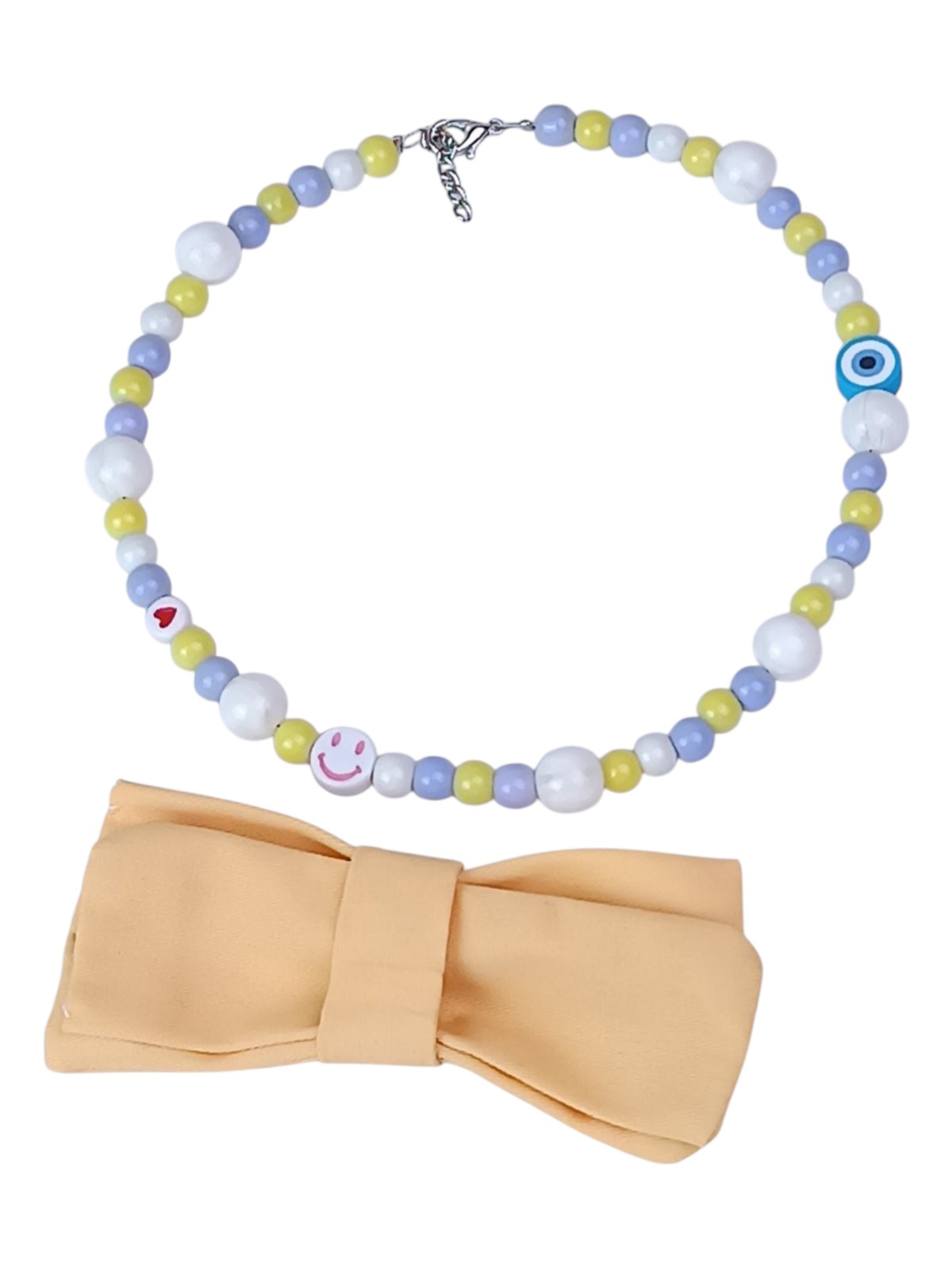 Handmade Kawaii Pet Necklace for Cats & Small Dogs - Detachable 9cm Yellow Fabric Bowtie - Lilac, Yellow & White Beaded Jewelry - Smile, Heart & Evil Eye Charms - Adjustable 35cm Length - Image 4