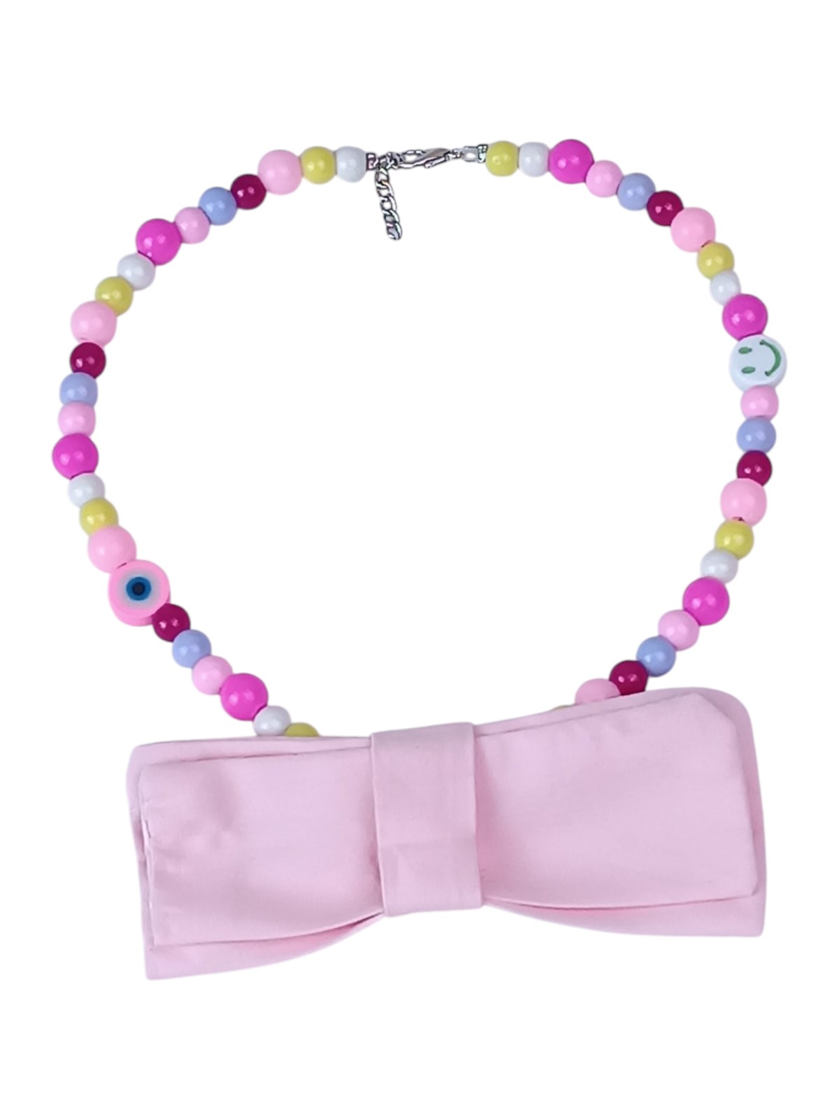 Handmade Kawaii Pet Necklace for Cats & Small Dogs - Detachable 9.5cm Pink Fabric Bowtie - Fuchsia, Pink & Yellow Beaded Jewelry - Smile & Evil Eye Charms - Adjustable 35cm Length