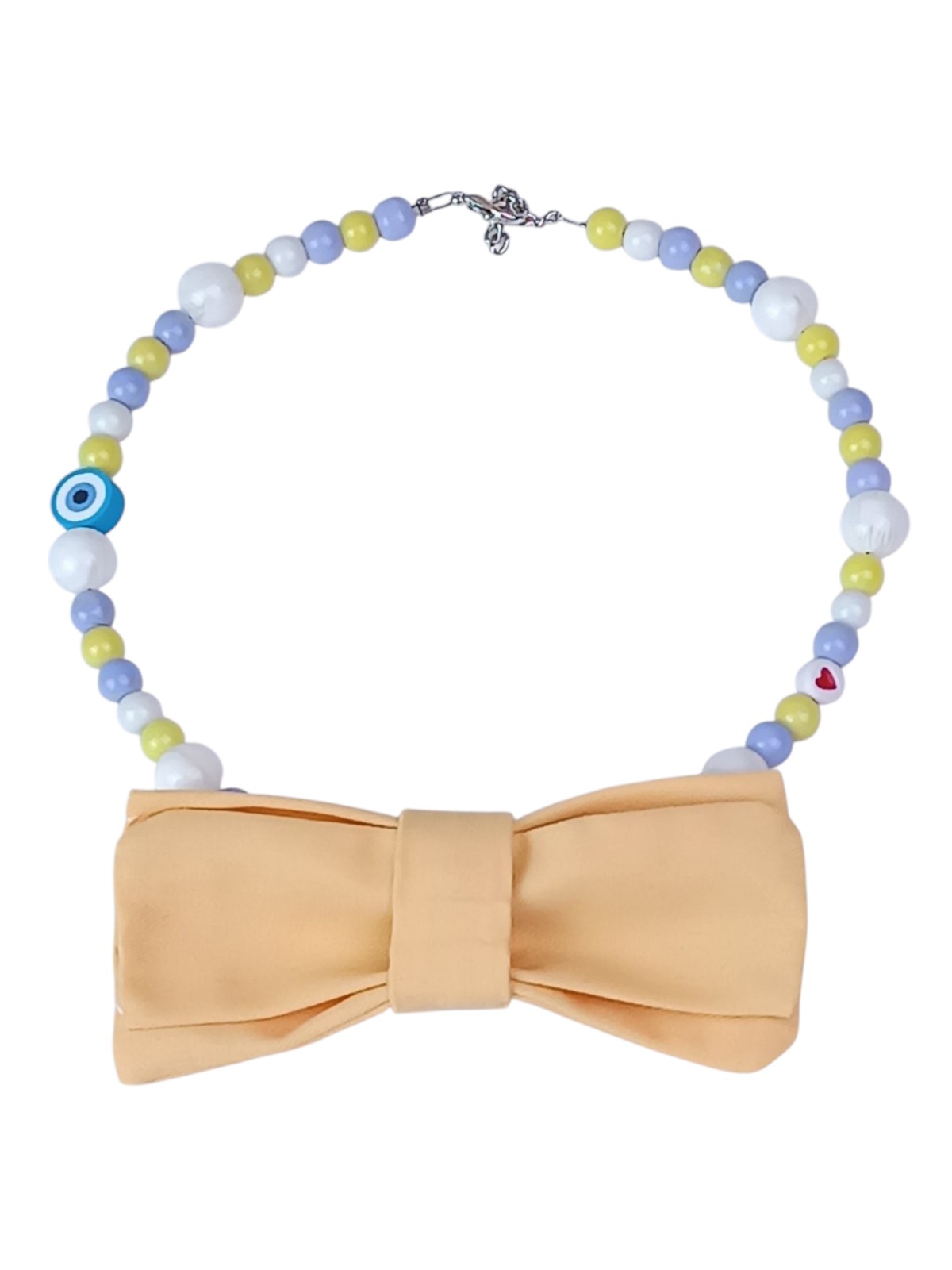 Handmade Kawaii Pet Necklace for Cats & Small Dogs - Detachable 9cm Yellow Fabric Bowtie - Lilac, Yellow & White Beaded Jewelry - Smile, Heart & Evil Eye Charms - Adjustable 35cm Length