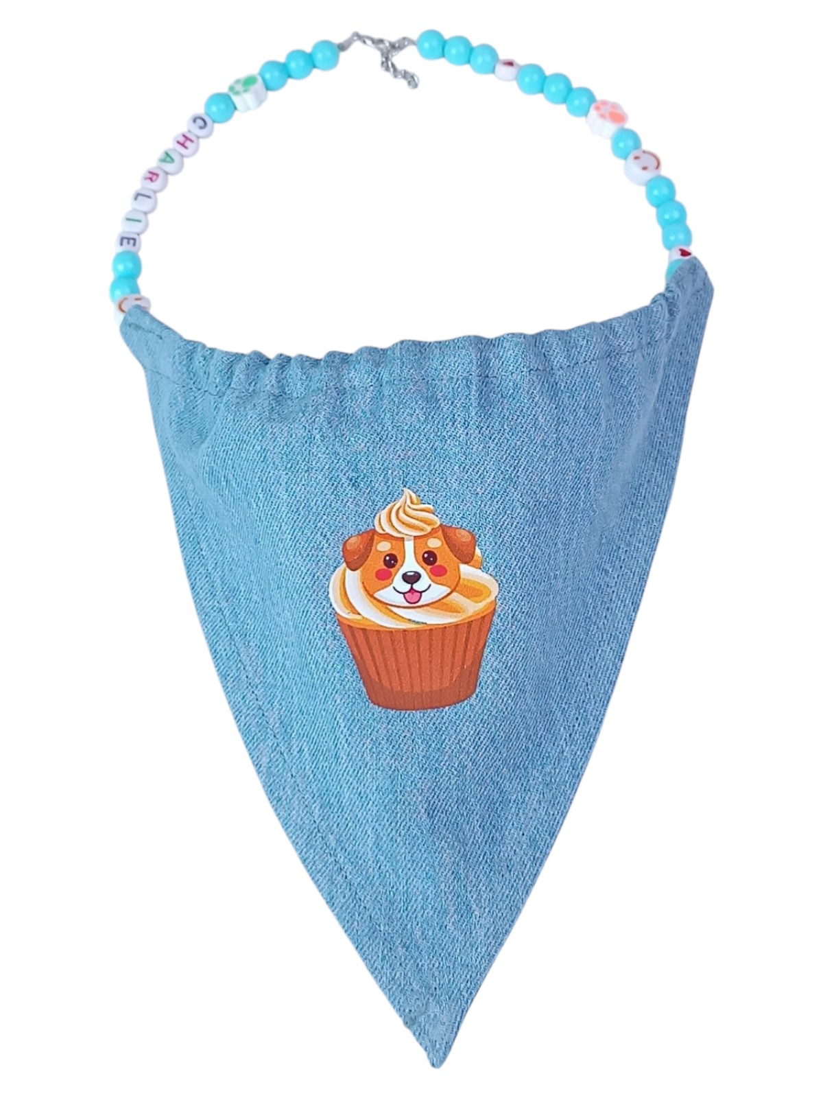 Personalized Large Dog Bandana Necklace - Custom Name Letter Beads - Denim Style with Cupcake Stamp - Blue Acrylic Beads, Smile, Heart & Paw Charms - Adjustable 42cm Length for Large Breeds