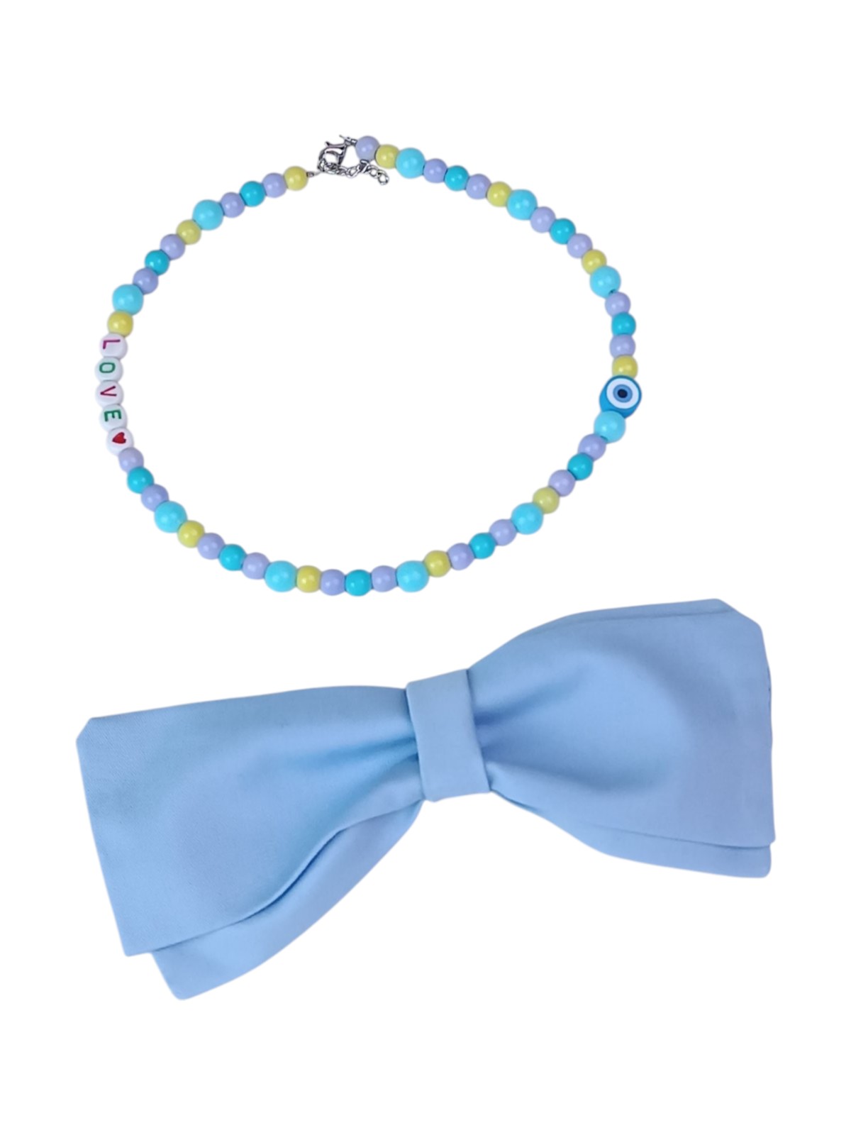 Large Handmade Colorful "LOVE" Dog Necklace - Detachable 15cm Blue Fabric Bowtie - Purple, Blue & Yellow Beaded Jewelry - Good Luck Evil Eye & Heart Charms - Adjustable 40cm Custom Length - Image 2