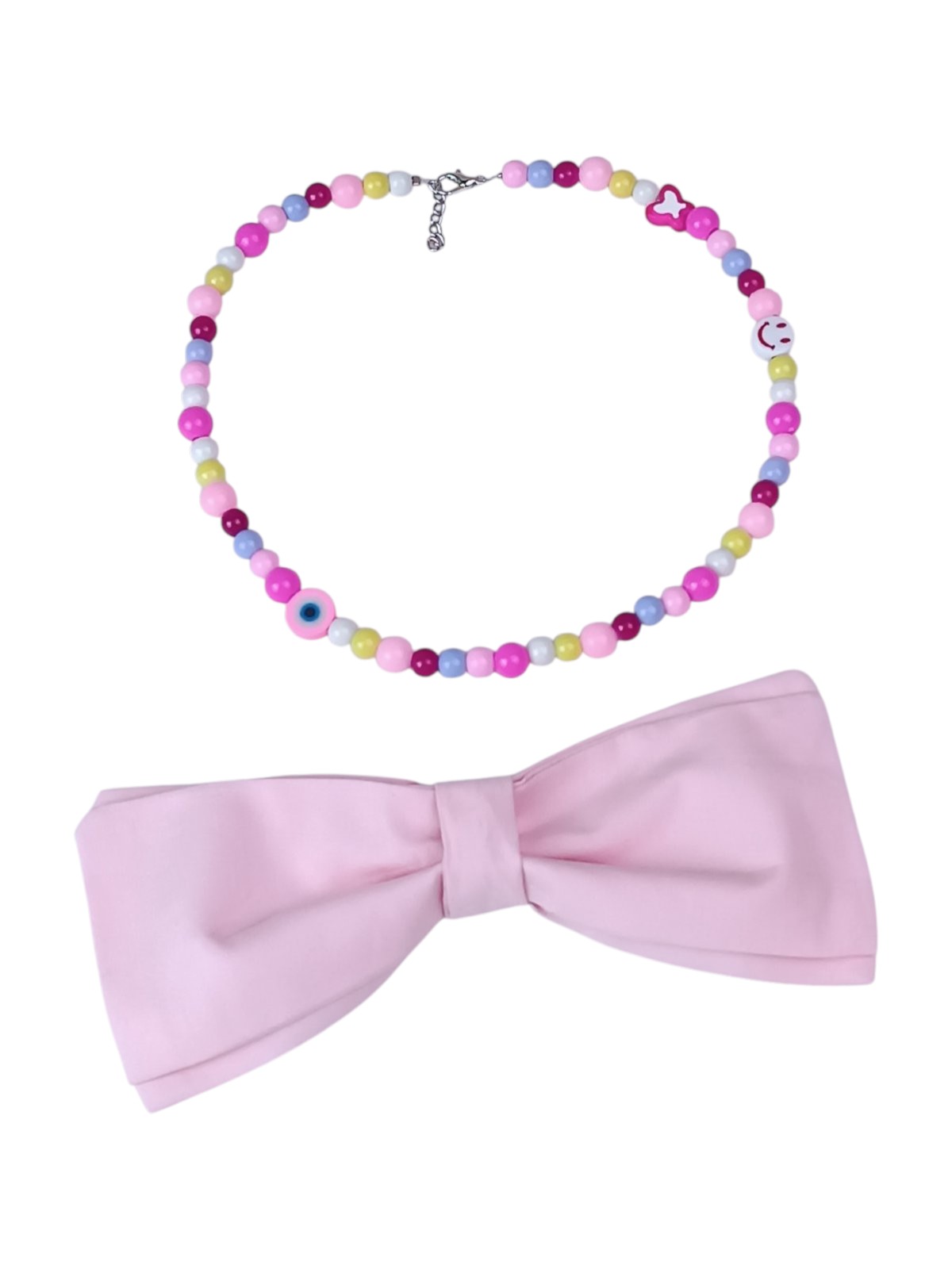 Large Kawaii Dog Necklace with Oversized Pink Bowtie - Vibrant Pink, Fuchsia & Yellow Beaded Jewelry - Butterfly, Smile & Evil Eye Charms - Adjustable 40cm Length for Fancy Dogs - Image 3