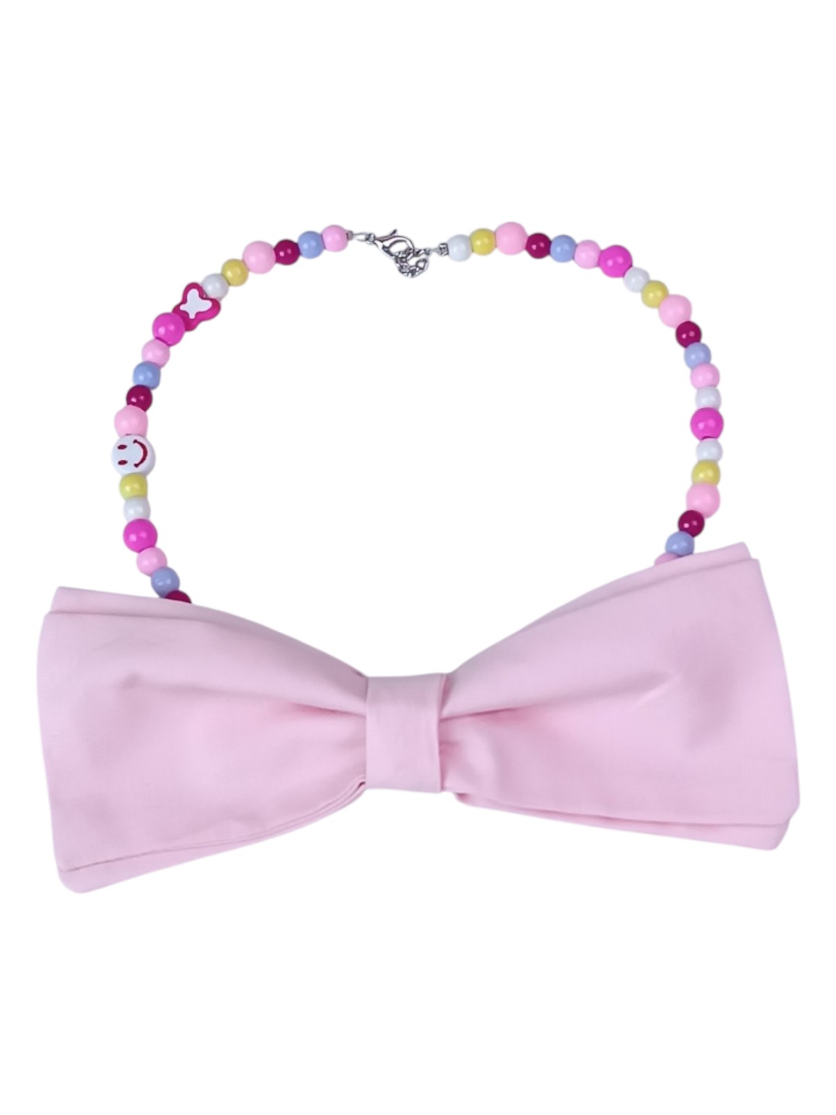 Large Kawaii Dog Necklace with Oversized Pink Bowtie - Vibrant Pink, Fuchsia & Yellow Beaded Jewelry - Butterfly, Smile & Evil Eye Charms - Adjustable 40cm Length for Fancy Dogs