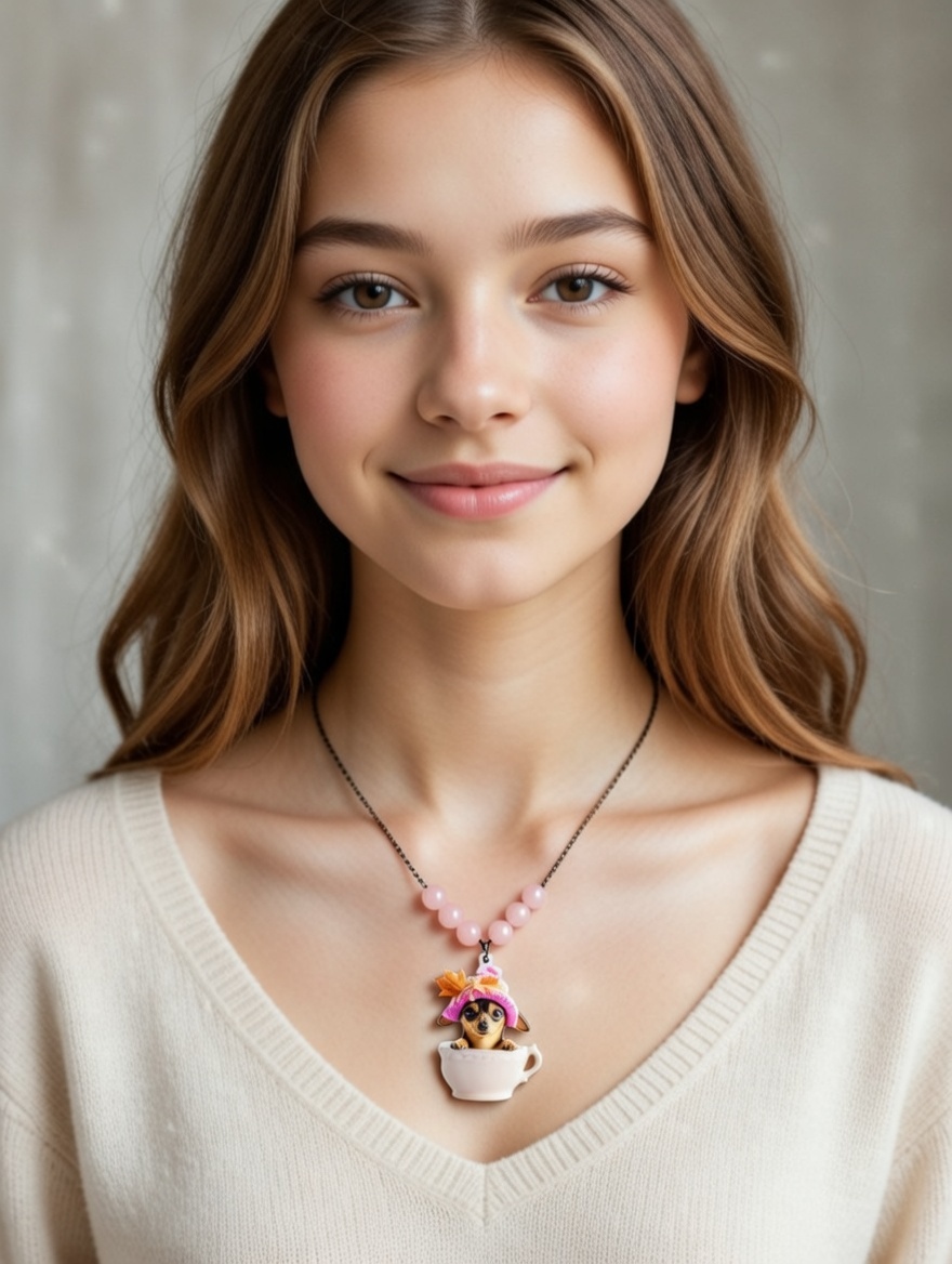 Chain & Pink Beads Necklace with Puppy in a Teacup Charm — For Dog Lovers