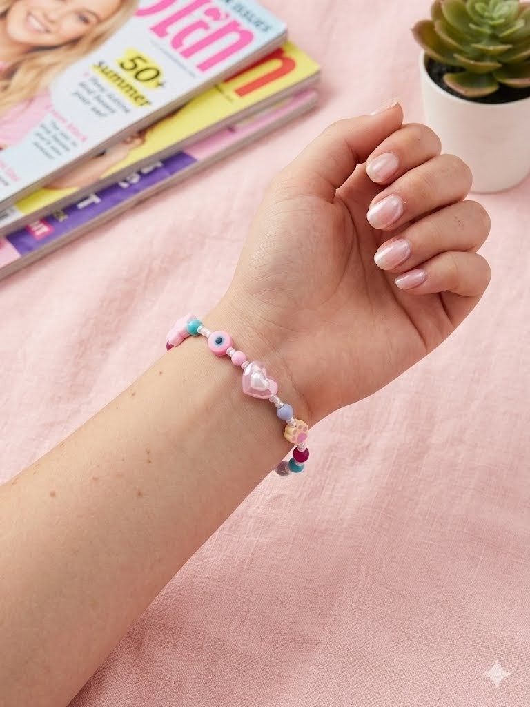 Kawaii Multi-Charm Beaded Bracelet for Girls 12+ - Pink Heart & Flower Charms - Evil Eye & Paw Print Protection Bracelet - Colorful Glass Beads - Preppy Aesthetic Gift - Adjustable 15cm+ - Image 3