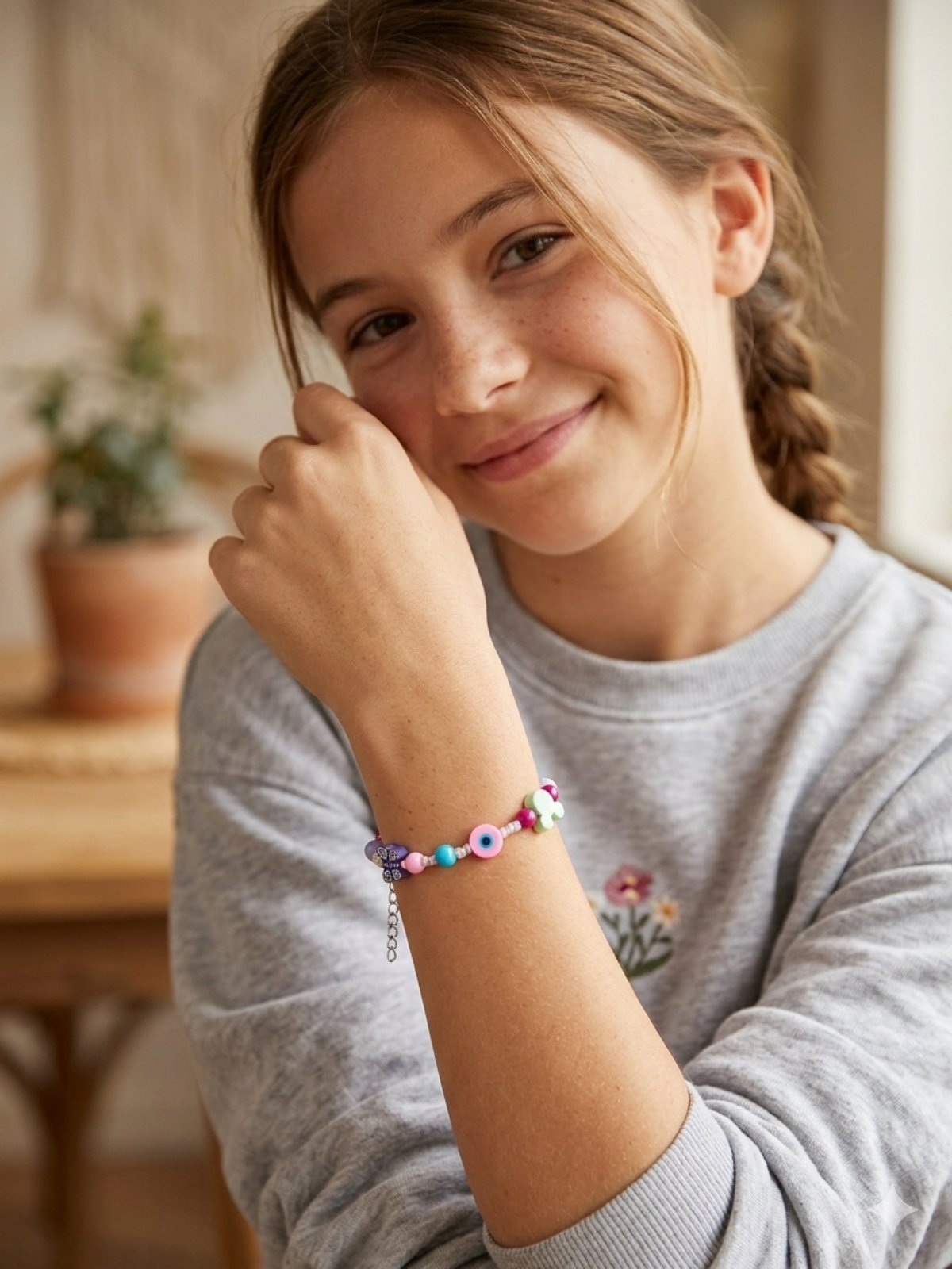 Kawaii Butterfly & Mouse Charm Bracelet for Girls 12+ - Colorful Glass Beads in Fuchsia, Pink & Blue - Evil Eye Protection Jewelry - Preppy Aesthetic Friendship Bracelet - Adjustable 15cm+ - Image 4