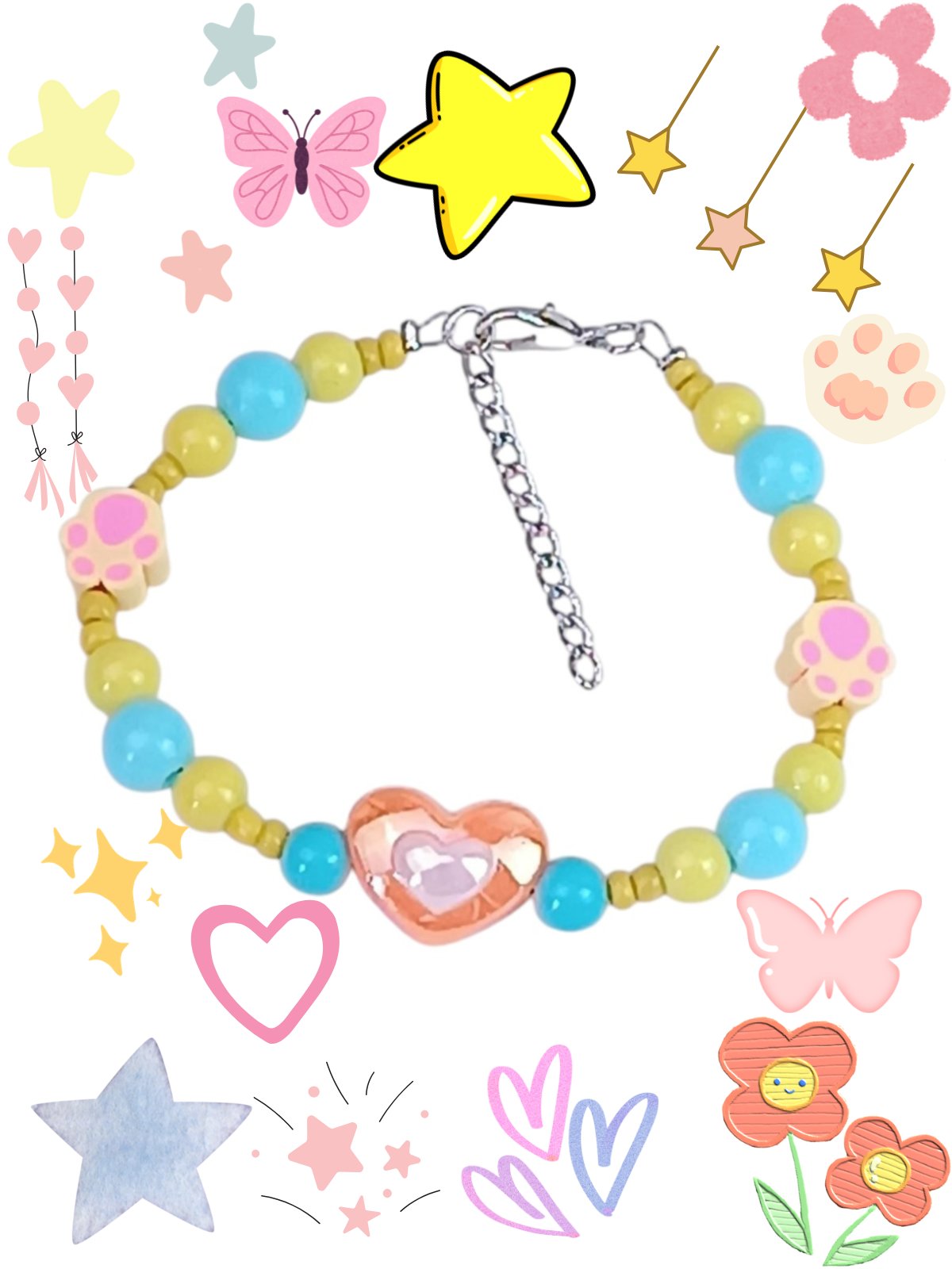 Kawaii Pastel Heart Beaded Bracelet for Girls 12+ - Blue & Yellow Beads - Cute Polymer Clay Paw Charms - Handmade Preppy Aesthetic Jewelry - Adjustable 15cm+ Extension Chain - Image 2