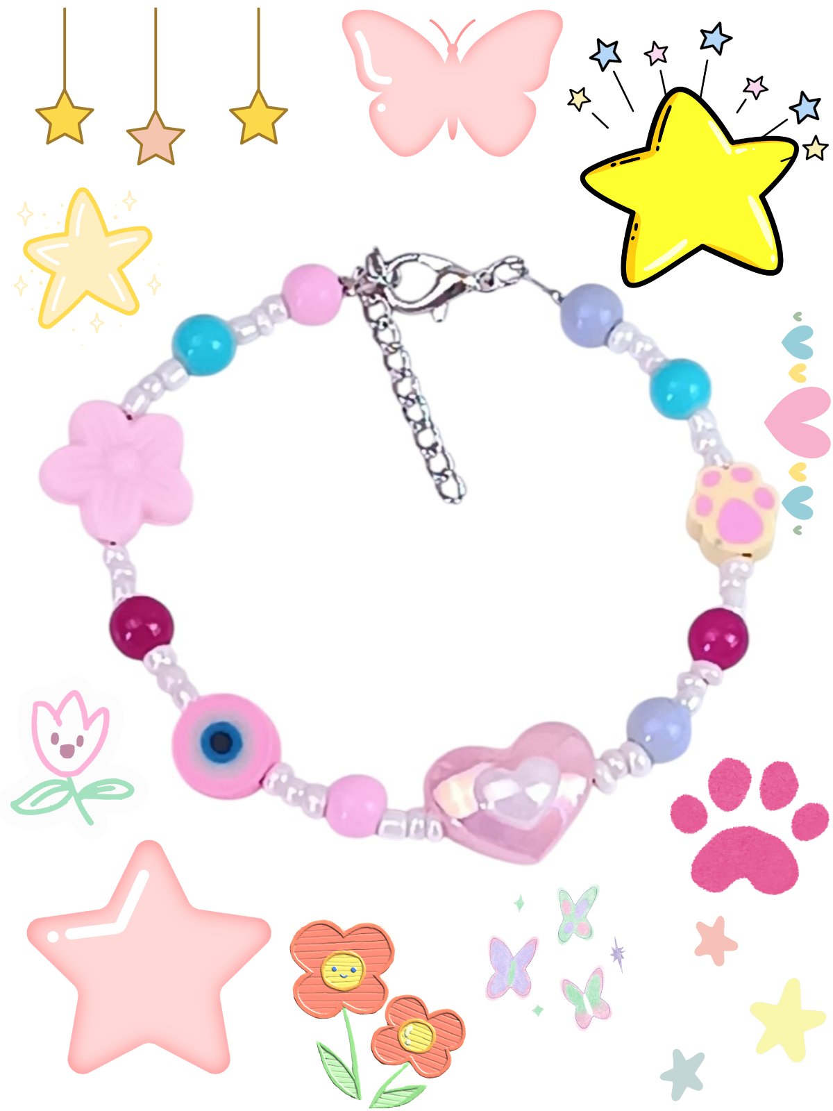 Kawaii Multi-Charm Beaded Bracelet for Girls 12+ - Pink Heart & Flower Charms - Evil Eye & Paw Print Protection Bracelet - Colorful Glass Beads - Preppy Aesthetic Gift - Adjustable 15cm+ - Image 2