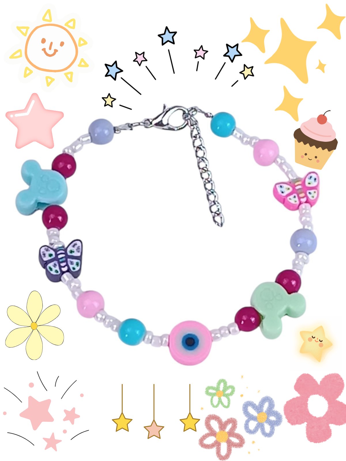Kawaii Butterfly & Mouse Charm Bracelet for Girls 12+ - Colorful Glass Beads in Fuchsia, Pink & Blue - Evil Eye Protection Jewelry - Preppy Aesthetic Friendship Bracelet - Adjustable 15cm+ - Image 2