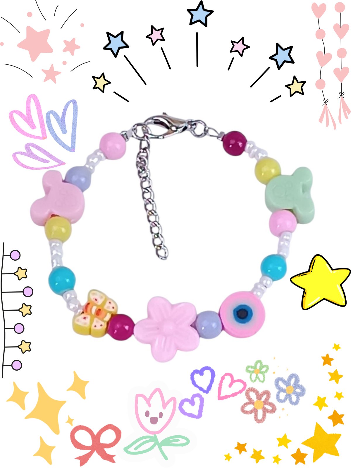 Kawaii Pastel Beaded Bracelet for Girls 12+ - Cute Mouse, Flower, Butterfly & Evil Eye Charms - Colorful Pink, Lilac & Yellow Glass Beads - Preppy Aesthetic Jewelry - Adjustable 15cm+ Extension - Image 3
