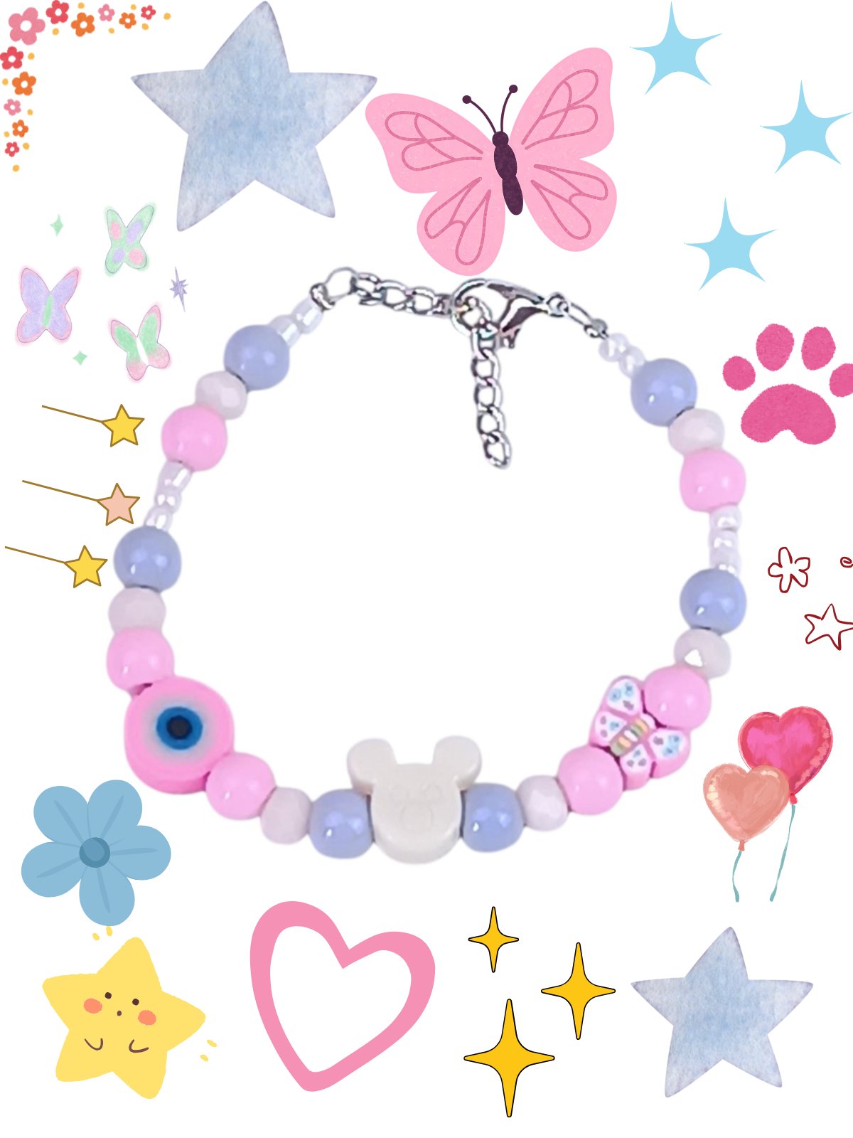 Kawaii Dreamy Pastel Beaded Bracelet for Girls 12+ - Pink, Lilac & White Glass Beads - Cute Mouse & Butterfly Charms - Evil Eye Protection Jewelry - Adjustable 15cm+ Extension - Image 2