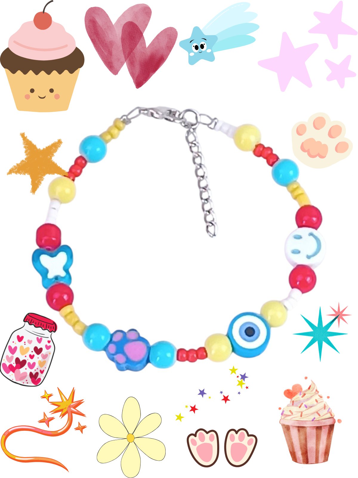 Kawaii Happy Vibes Beaded Bracelet for Girls 12+ - Smiley Face, Butterfly, Evil Eye & Paw Charms - Colorful Red, Blue & Yellow Glass Beads - Trendy Preppy Jewelry - Adjustable 15cm+ Extension - Image 2