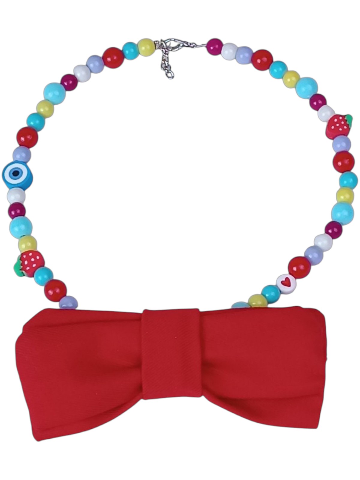 Handmade Colorful Pet Necklace with Detachable Red Bowtie - Good Luck Evil Eye & Strawberry Charms - Multi-color Beaded Jewelry for Small Dogs & Cats - Adjustable 35cm Custom Length
