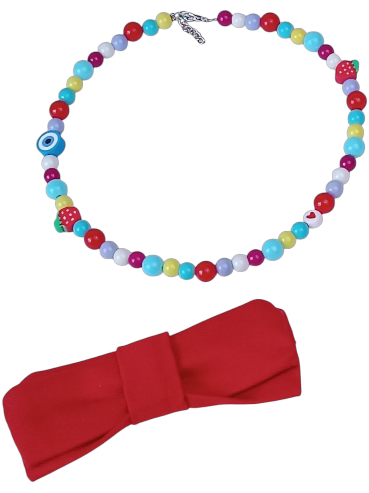 Handmade Colorful Pet Necklace with Detachable Red Bowtie - Good Luck Evil Eye & Strawberry Charms - Multi-color Beaded Jewelry for Small Dogs & Cats - Adjustable 35cm Custom Length - Image 3