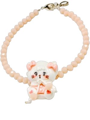 Kawaii Pink Beaded Bracelet with Cute Cat Acrylic Charm – Adorable Jewelry for Teen Girls 12+